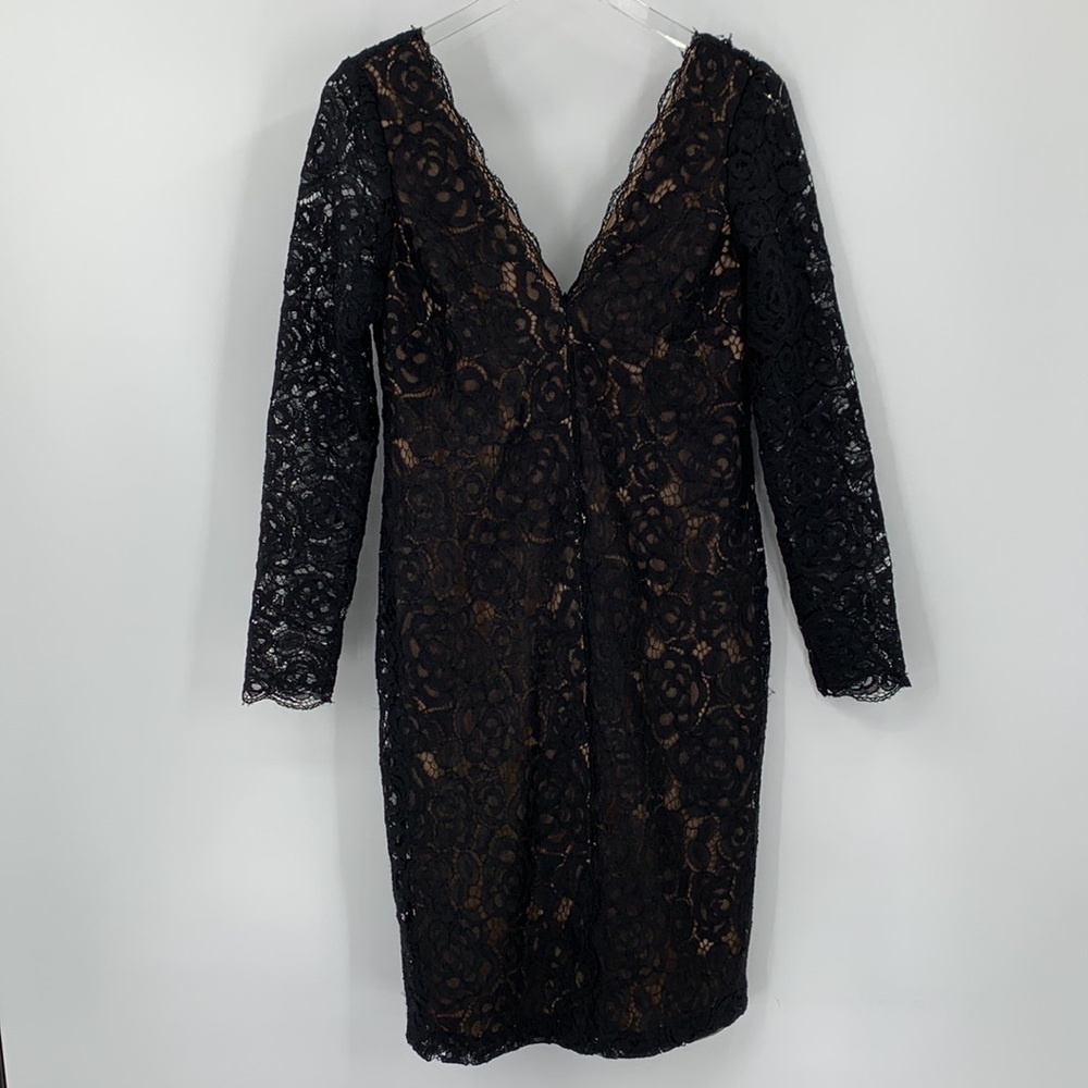 Vera Wang Dress black lace cocktail shift sheath long sleeve back front V 10